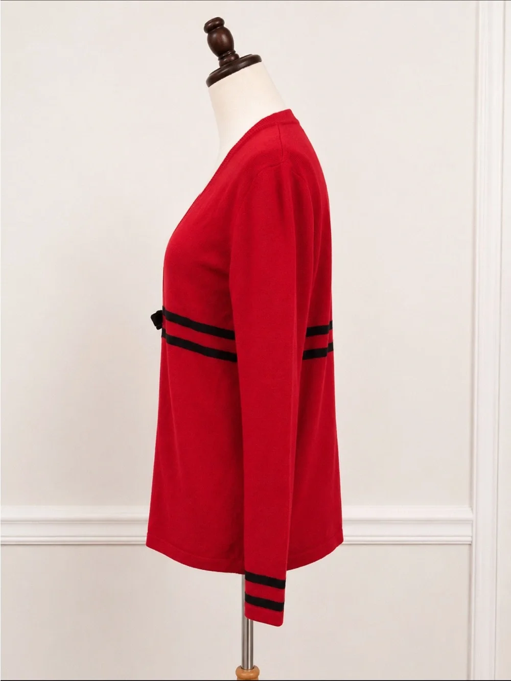 Vintage St. John SJ Knit Red & Black Stripe Bow Cardigan Sweater Size 10